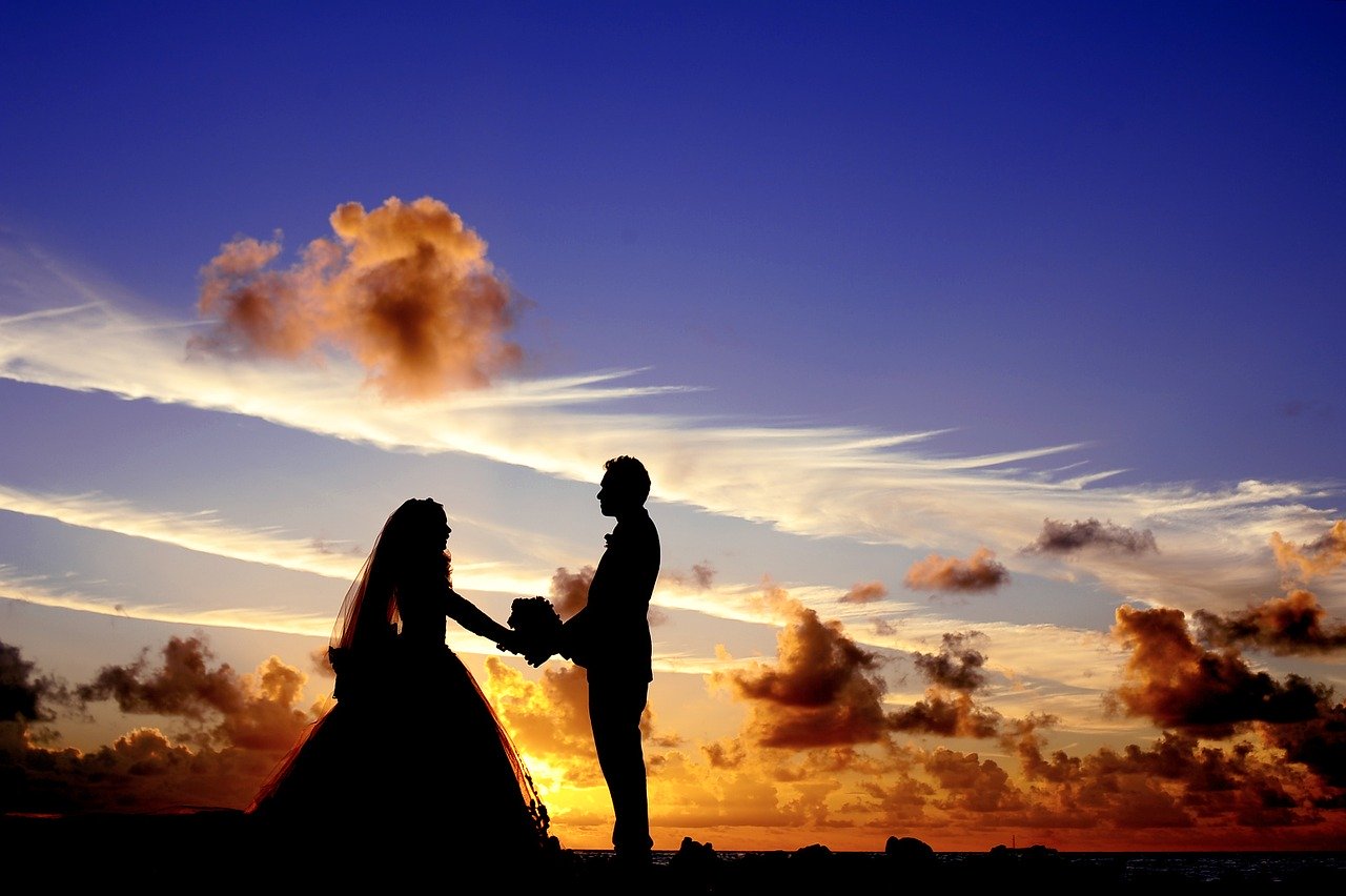 sunset, wedding, bride
